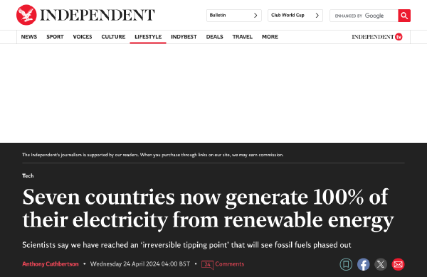 Screenshot des Independent-Beitrags